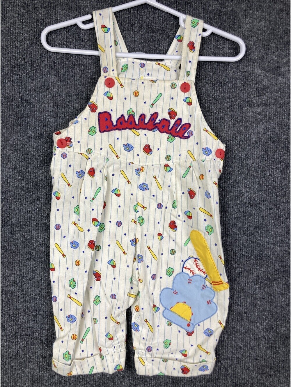 Size 6-9 Months Striped Baseball Mitt Bat Glove Baby Romper Overalls Vintage